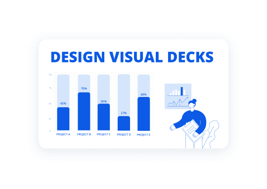 Blauw en wit presentatie sjabloon met grafiek en titel geschreven Ontwerp Visuele dekken