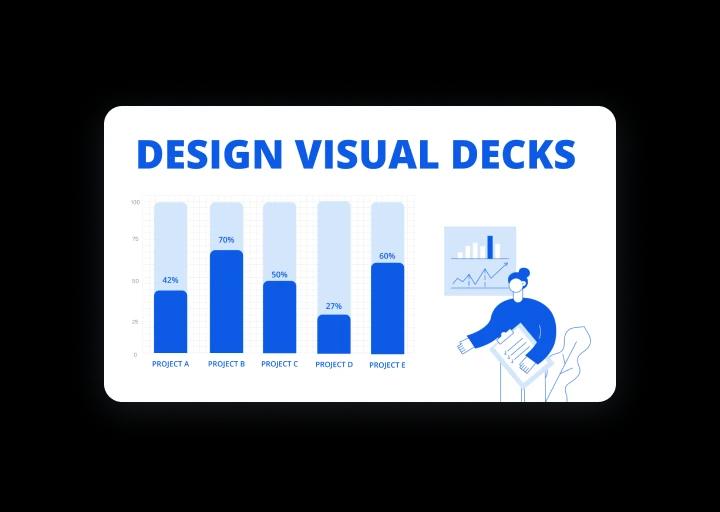 Blue and white presentation template with graph and title written Design Visual decks