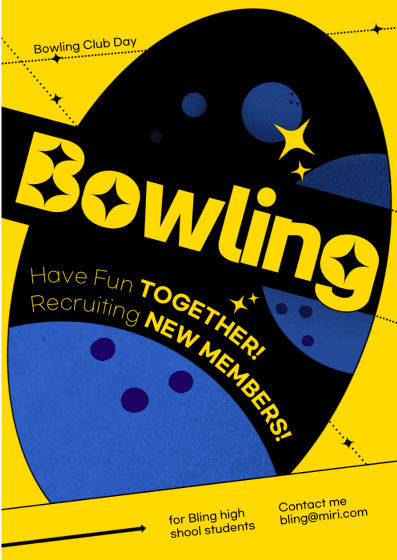 Affiche ludique et audacieuse sur fond jaune avec des images graphiques de boules de bowling en bleu, intitulée Bowling en grandes lettres grasses.