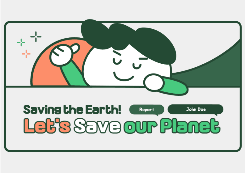 Presentatie cover met een schattig stripfiguur en de titel Let's save our planet