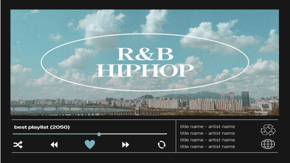 Couverture de présentation intitulée R&B Hiphop avec une photo de paysage d'une ville (Séoul)