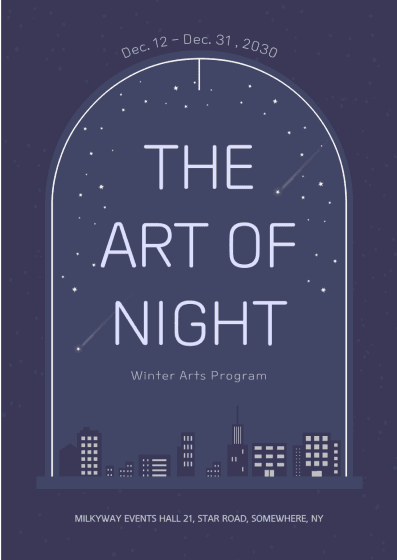 Affiche avec une image graphique simplifiée du ciel nocturne, de couleur bleu nuit, avec un titre de l'art de la nuit