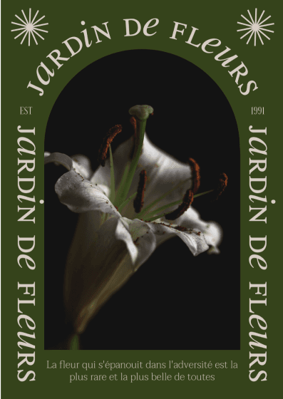 Poster einer Blume, das eine Nahaufnahme einer weißen Glockenblume mit tief olivgrünem Hintergrund und dem Titel "Jardin de Fleurs" zeigt