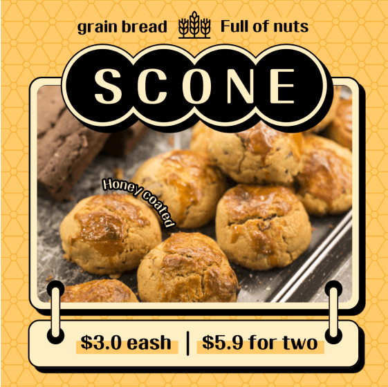 Quadratisches Plakat mit einem Foto von gebackenen Scones, mit dem Titel SCONE