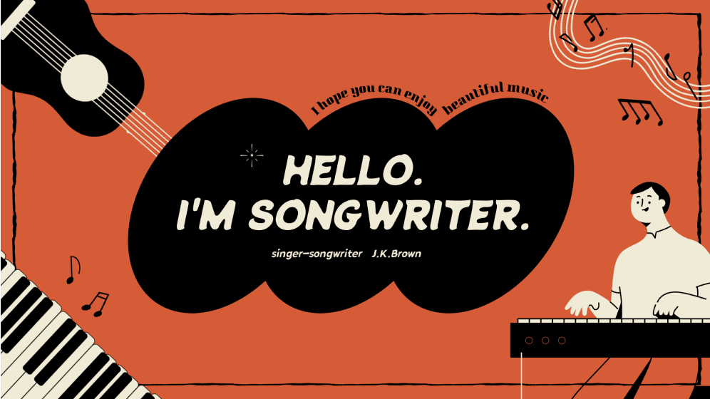 Capa de apresentação intitulada hello, I'm songwriter em cor de fundo borgonha e imagens gráficas de uma pessoa a tocar um teclado