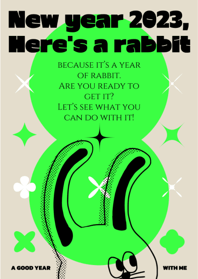 Poster mit verspielter grüner Farbe in der Mitte und grauer Hintergrundfarbe, mit einem Comic-Charakter eines Kaninchens im unteren Bereich, mit dem Titel New year 2023, Here's a rabbit, und mit dem Untertitel Because it's a year of rabbit. Bist du bereit, es zu bekommen? Dann lass uns sehen, was du damit machen kannst!