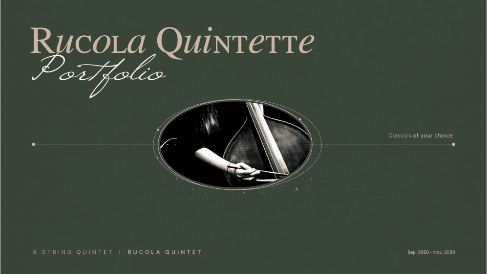 Couverture de présentation de couleur vert olive avec une photo d'une main de violoncelliste jouant du violoncelle et un titre de portefeuille Rucola Quintette.