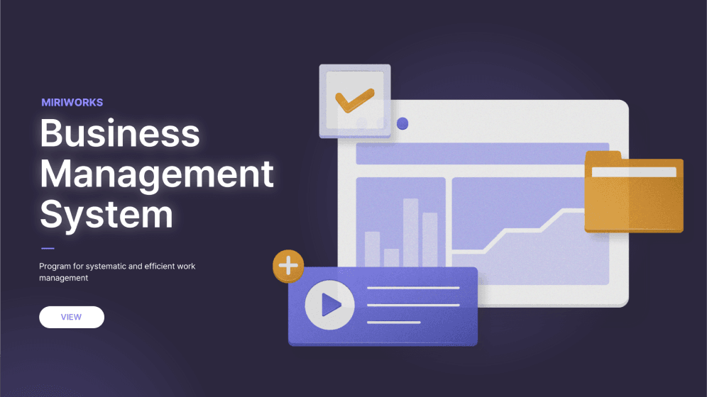 Präsentationshülle mit dem Titel "Business Management System", mit grafischen Darstellungen eines Computerbildschirms mit Diagrammen