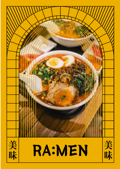 Cartaz amarelo de ramen com uma fotografia de ramen japonês que parece muito delicioso