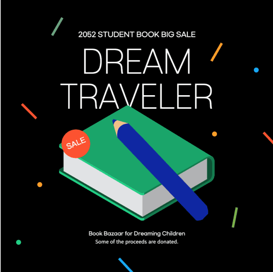 Une affiche carrée joyeuse sur fond noir avec au centre l'image iconisée d'un livre à la couverture verte surmontée d'un crayon, dont le titre indique "dream traveler" (voyageur rêveur).