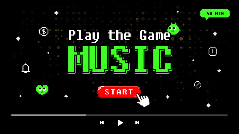 Portada de presentación con motivo de pantalla de juego retro con letras de fuente retro que dicen play the game music en color verde