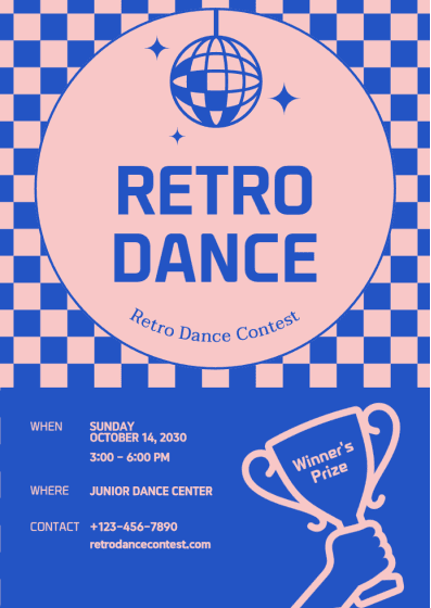 Cartaz com cores indianas rosa e azul, com letras que dizem "retro dance".