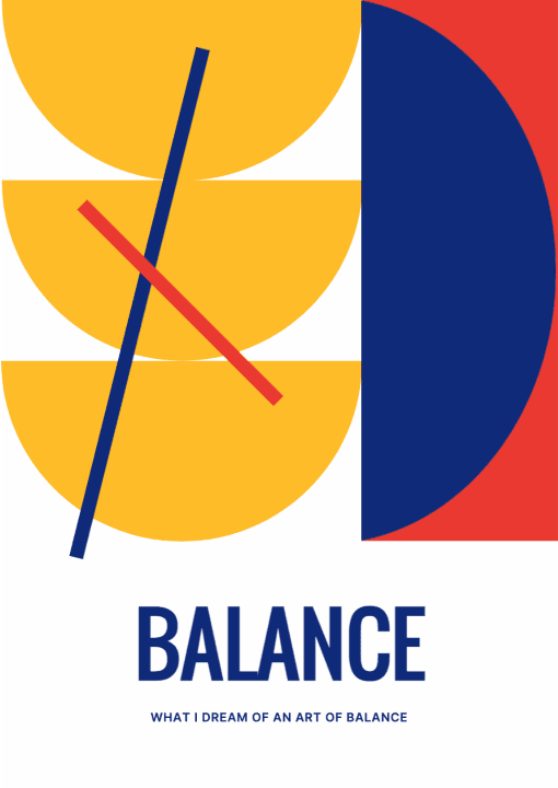 Póster con imágenes simples y planas, imágenes iconizadas de color amarillo, rojo y azul en la parte superior y letras que dicen equilibrio en la parte inferior.