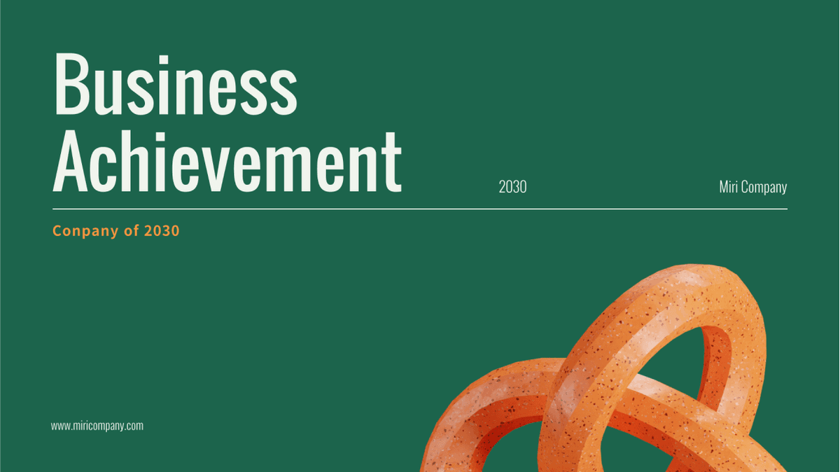 Une page de couverture de présentation avec un fond vert olive et un objet 3D de deux cercles de couleur marron avec un titre indiquant la réussite de l'entreprise.