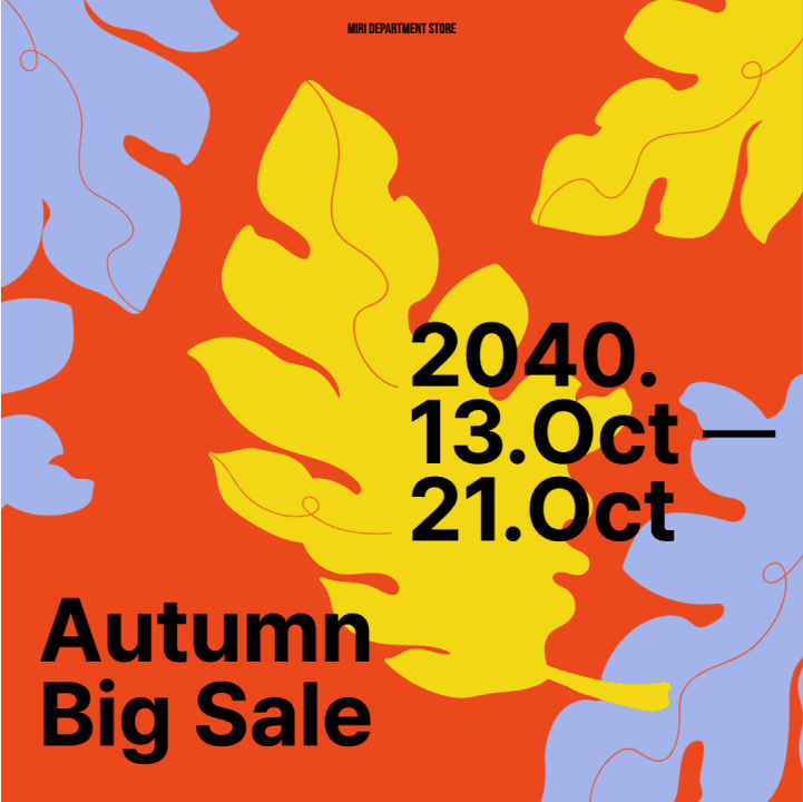 Quadratisches Poster mit grafischen Bildern von Blättern in blassgelben und blauen Farben, auf ruhigem rot-orangefarbenem Hintergrund, mit dem Titel "Autumn big sale