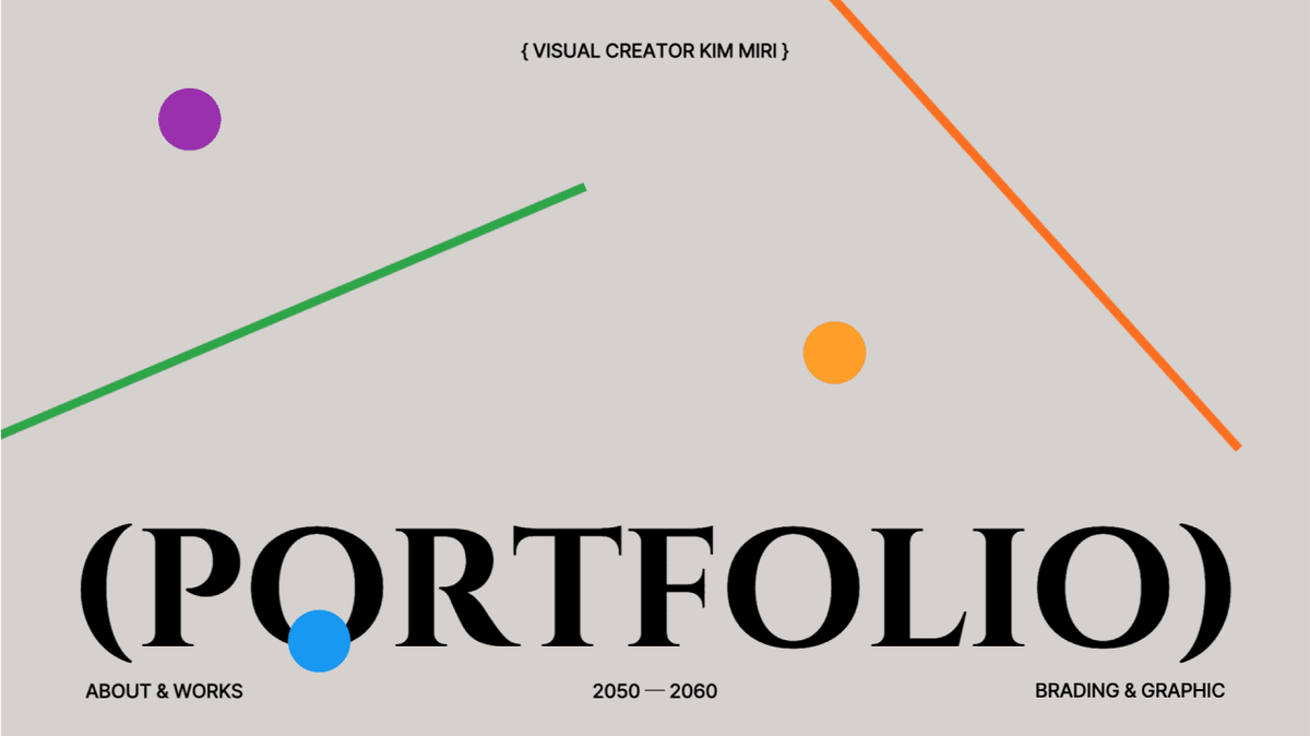 Präsentation Deckblatt in grauer Hintergrundfarbe und Titel Buchstaben sagen Portfolio am unteren Rand mit Formen von Kreis und Linie in plain orange, grün, lila, blau Farben auf sie verstreut