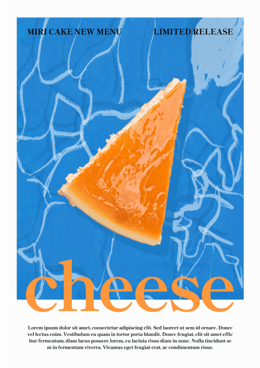 Une affiche avec une image de fromage aux couleurs vives sur un fond bleu.