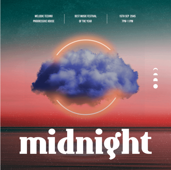 ein quadratisches Poster mit einem roten Sonnenuntergang als Hintergrund und einer mystischen blauen Wolke in der Mitte, mit dem Text "Midnight