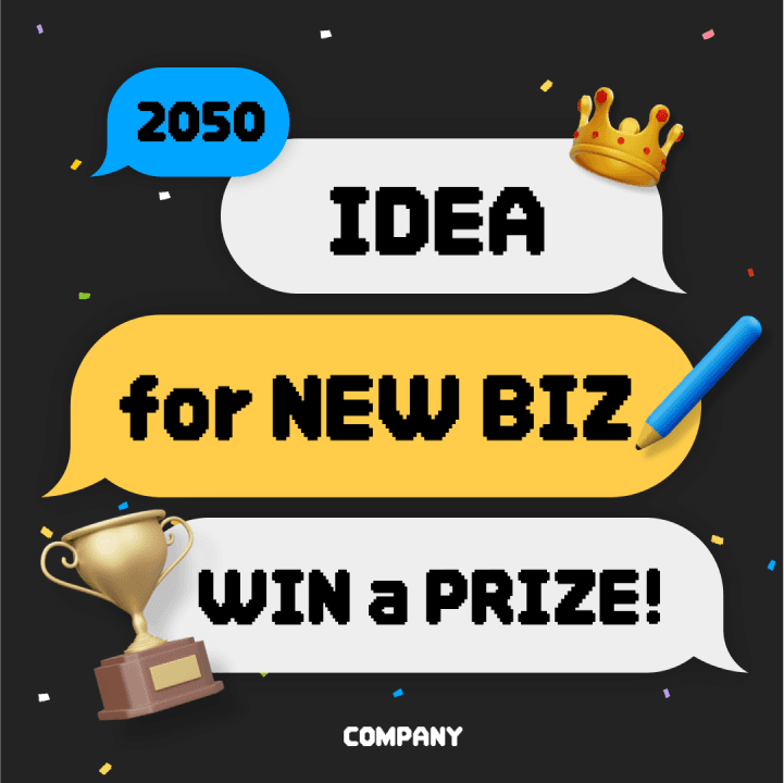 Un poster quadrato con bolle di testo che recitano 2050 idea per nuovo business vincere un premio con icone di corona, matita, trofeo