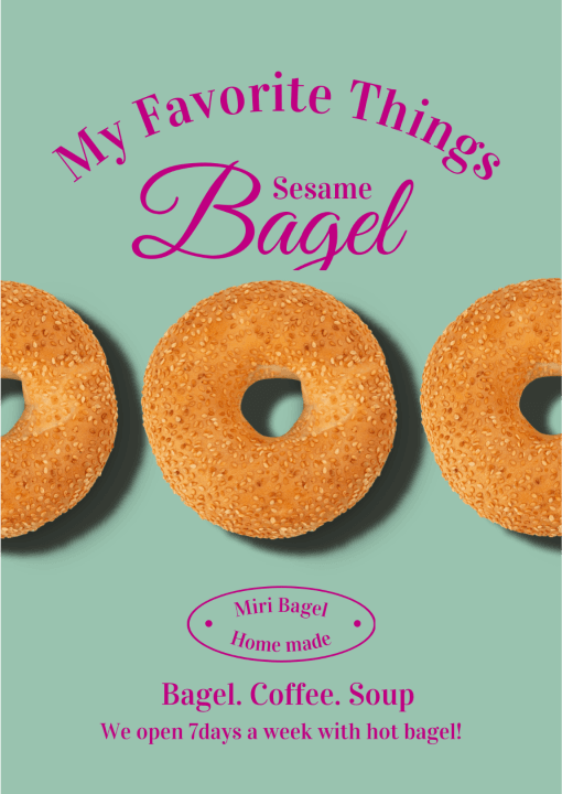 Um cartaz para um café com texto promocional, um bagel e um donut num fundo verde-azul