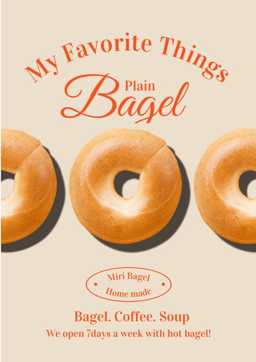 Een poster voor coffeeshop met promotietekst, bagel en donut met warm gevoel