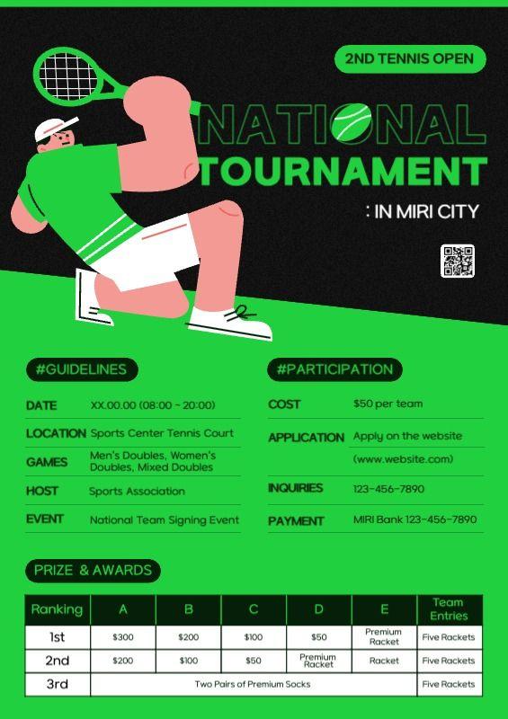 Promote a national recreational tennis tournament with a trendy green and black look