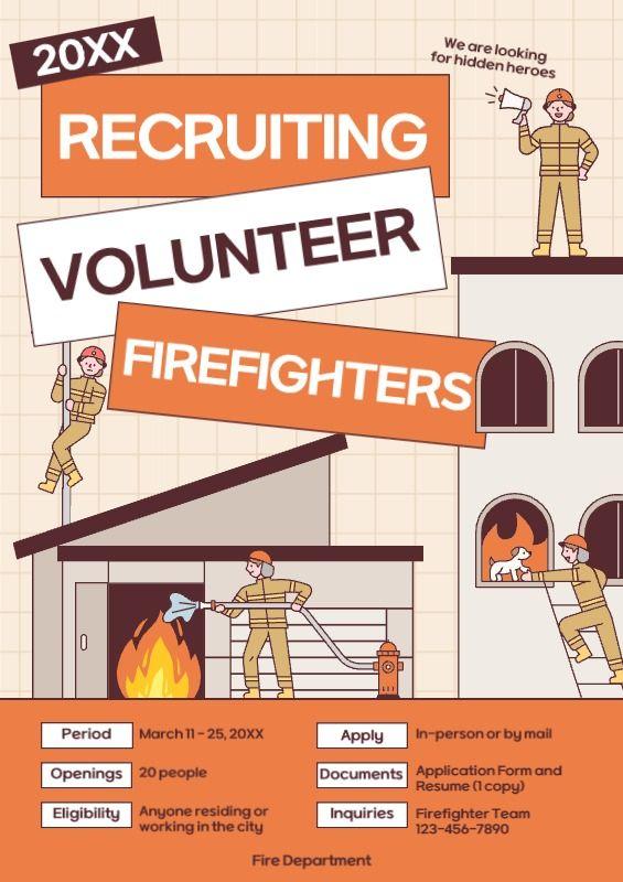 Promote a kitschy orange and brown costumed firefighter recruitment