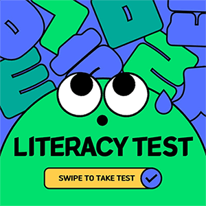 Character concept literacy test in green and blue